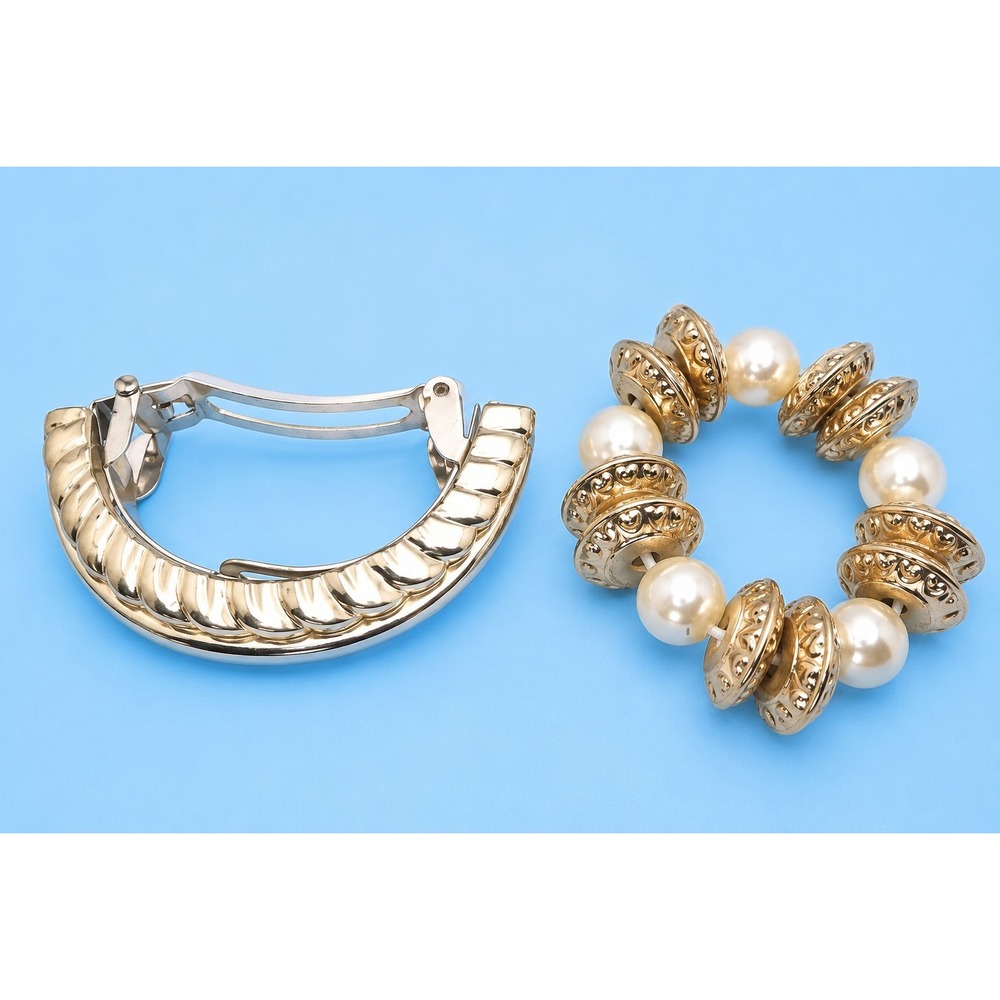 Vintage Hair‎ Accessories For Ponytails Gold And Silver Tone Faux Pearl -535
